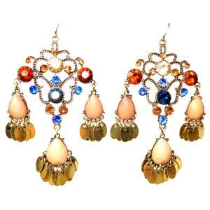 3" Vintage Golden Blue/Burnt Orange Rhinestones~ Peach Drop Chandelier Earrings